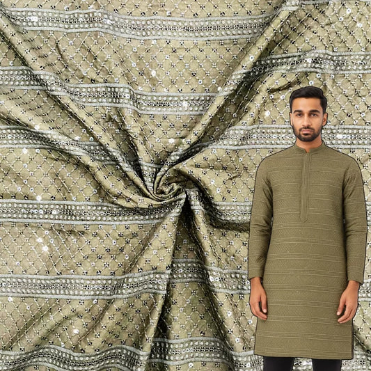 Men’s kurta fabric in olive shade featuring detailed embroidery and sequence work for festive and wedding wear