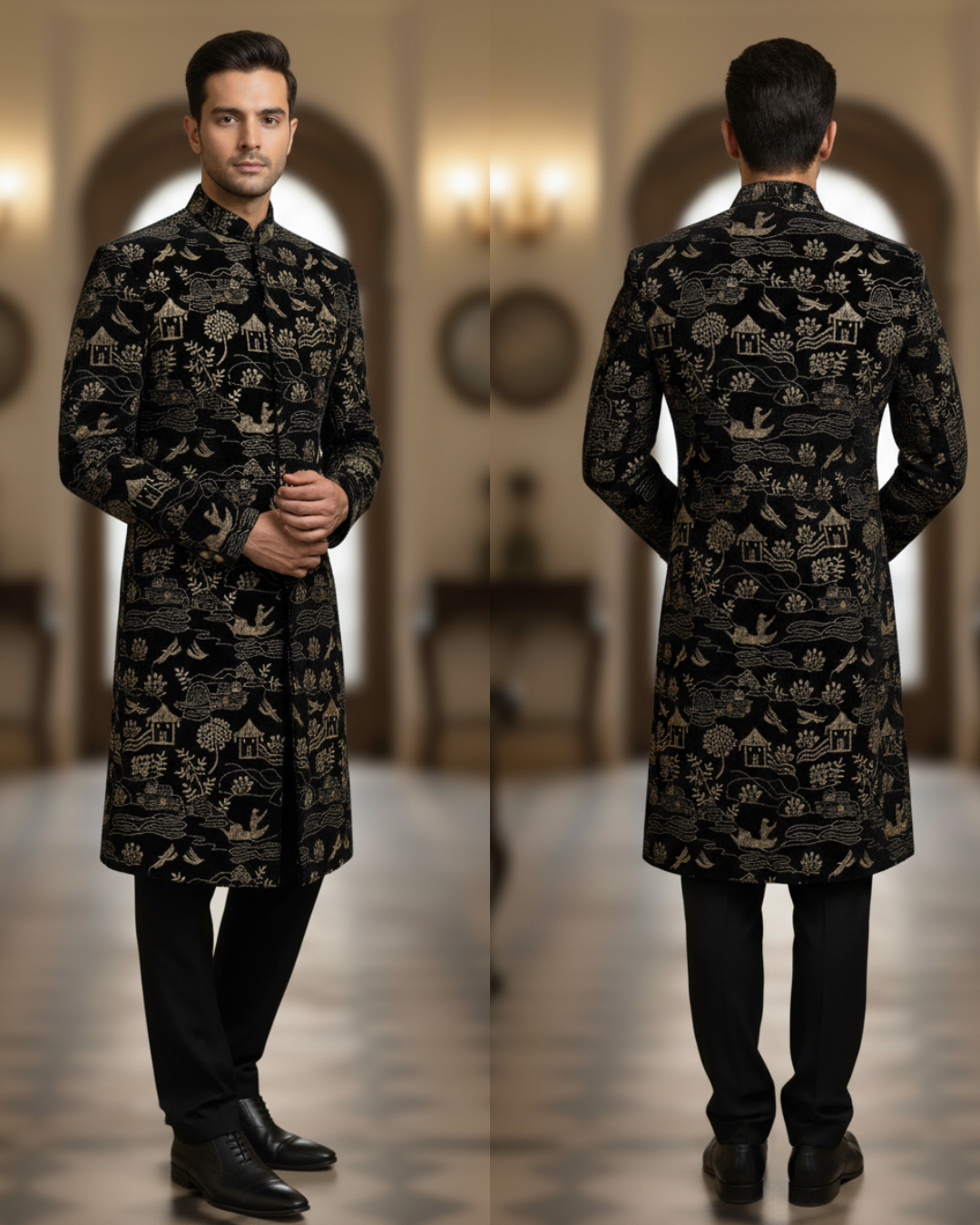 High-quality coffee-brown velvet with heavy embroidery for coats, jodhpuri & festive outfits.