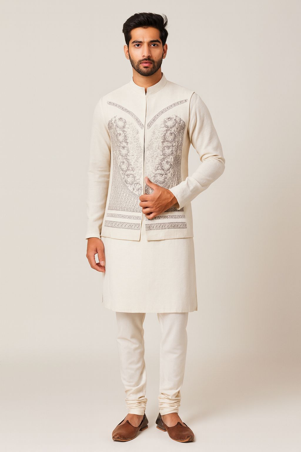Cream ethnic suit material for Festive Special wear. Detailed taupe thread work with a heart-shaped floral motif.