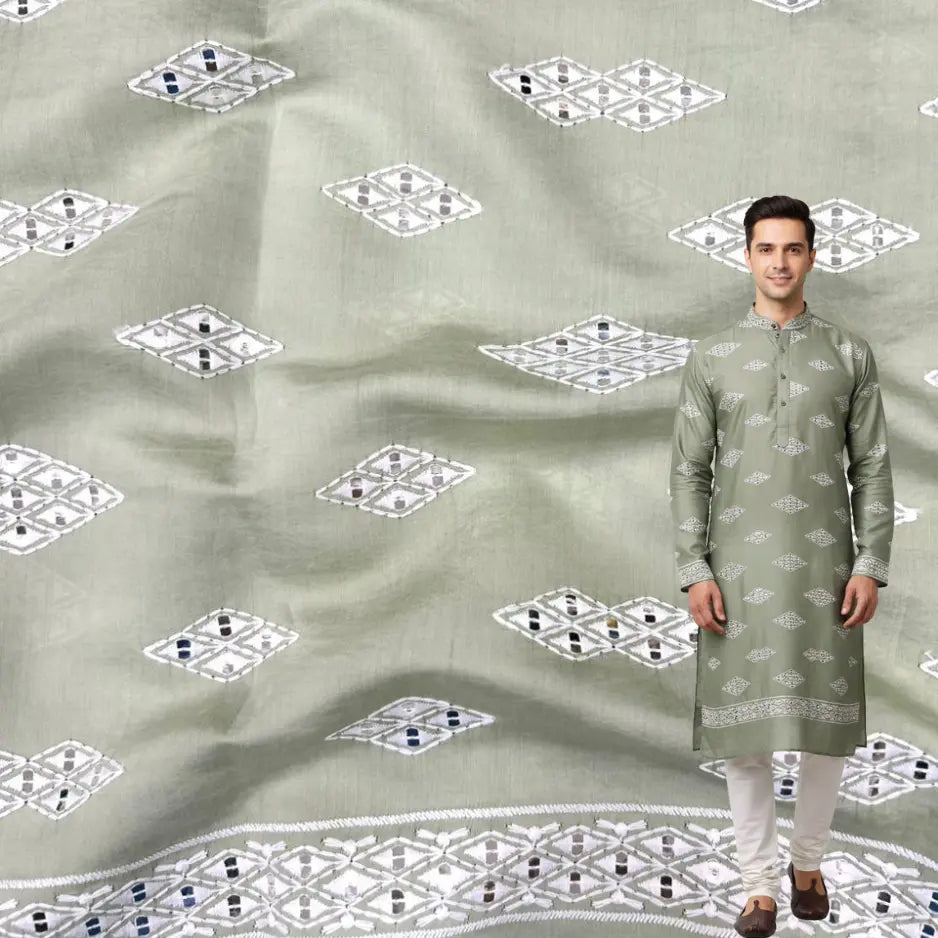Men’s pista green Roman silk kurta fabric with white mirror work and thread embroidery — premium festive material