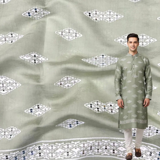Men’s pista green Roman silk kurta fabric with white mirror work and thread embroidery — premium festive material