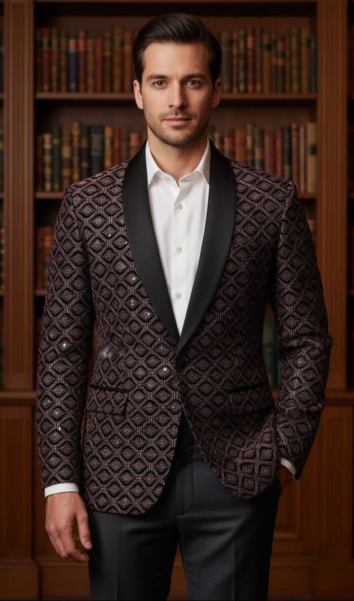 Heavy black velvet embroidered fabric with wine tone metallic embroidery and sequins, premium winter fabric for wedding sherwani, gowns and statement outfits.