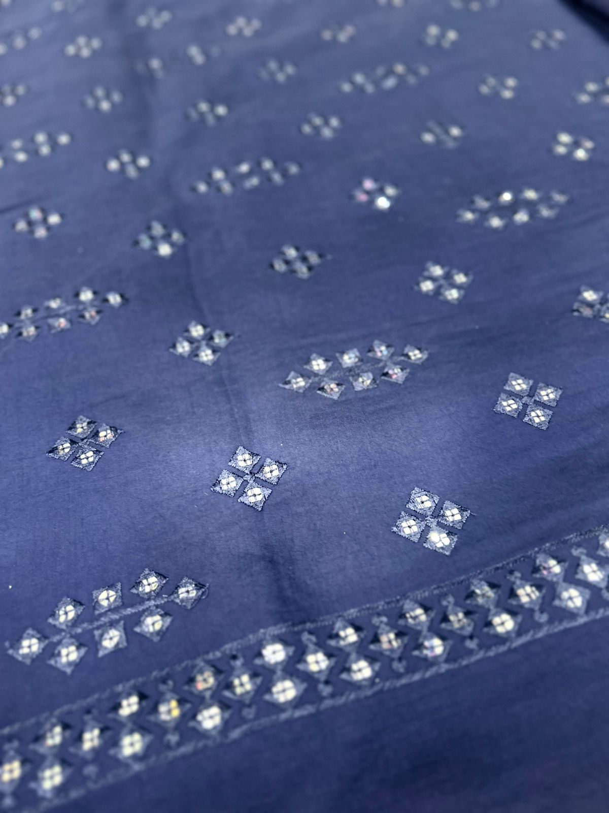 Designer Navy Blue Roman Silk Mirror Work Fabric for Festive Kurta Outfit.