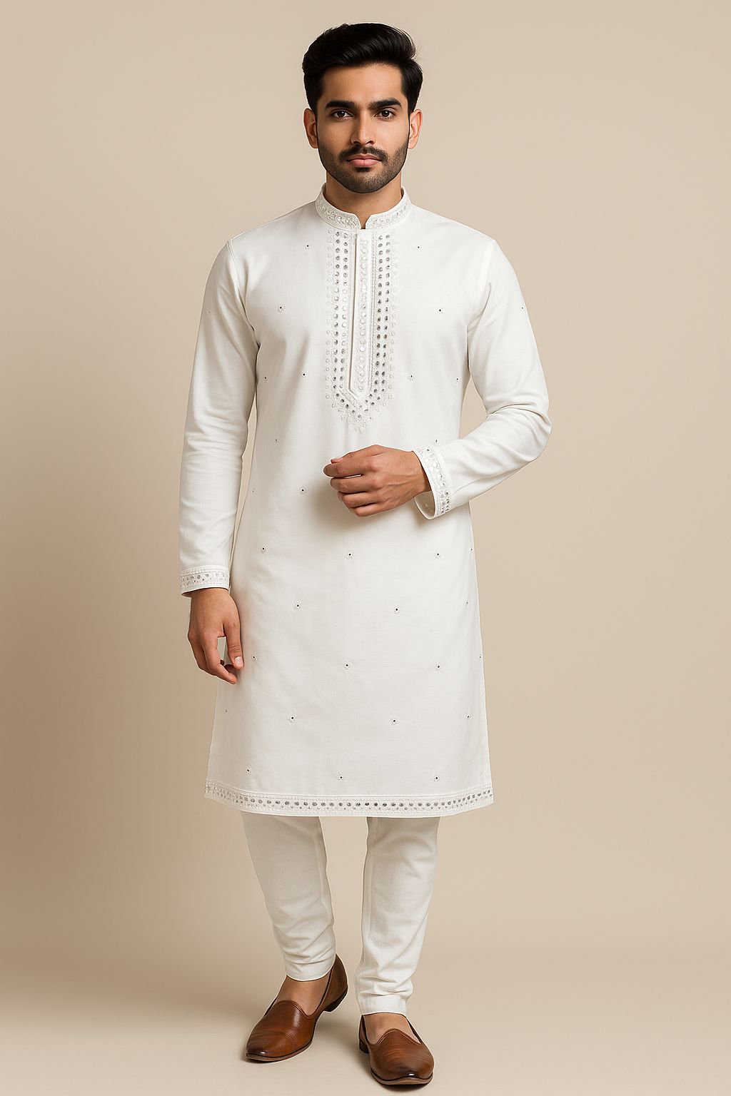 Best quality off-white cotton blend kurta material with exquisite Shisha embroidery. New arrival designer fabric for custom tailored Kurta Pajama set and ethnic wear.