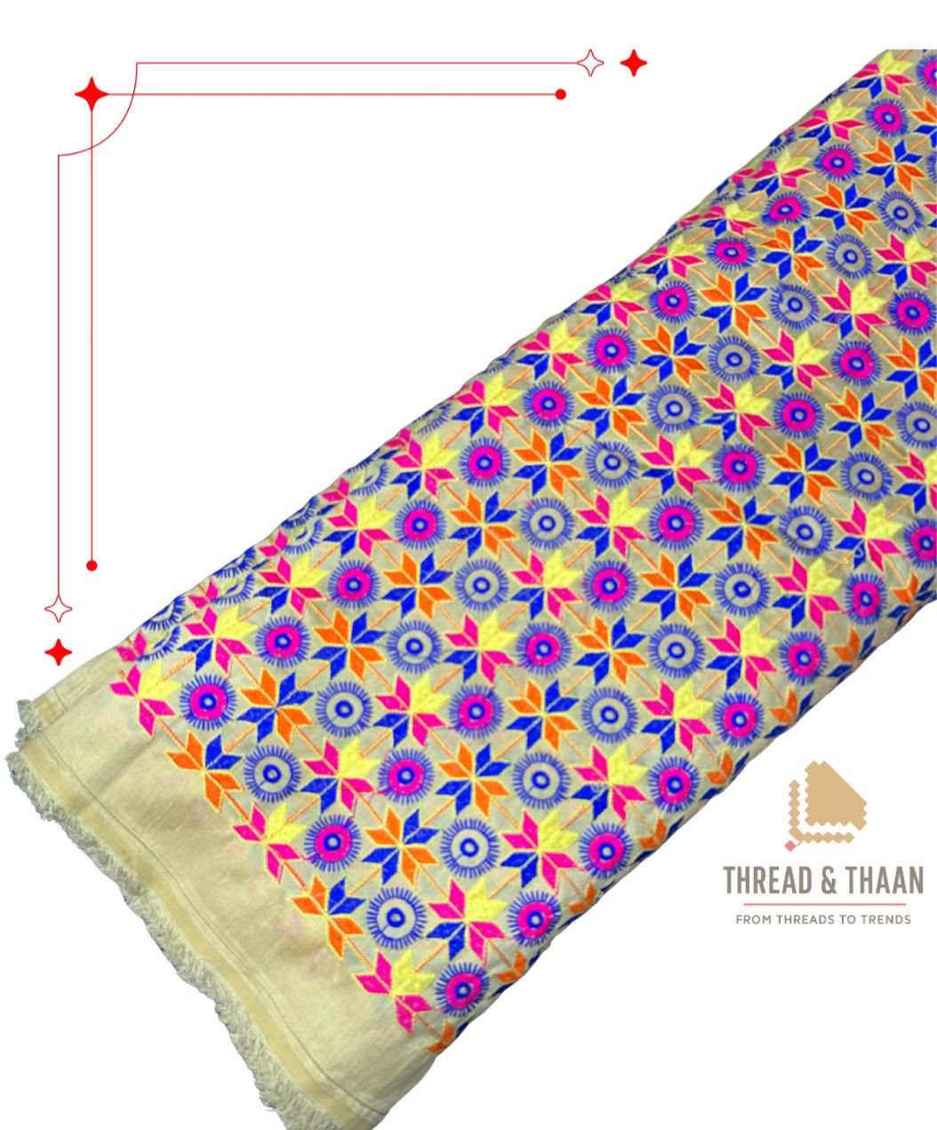 Festive multicolor brocade silk fabric with geometric star embroidery design.