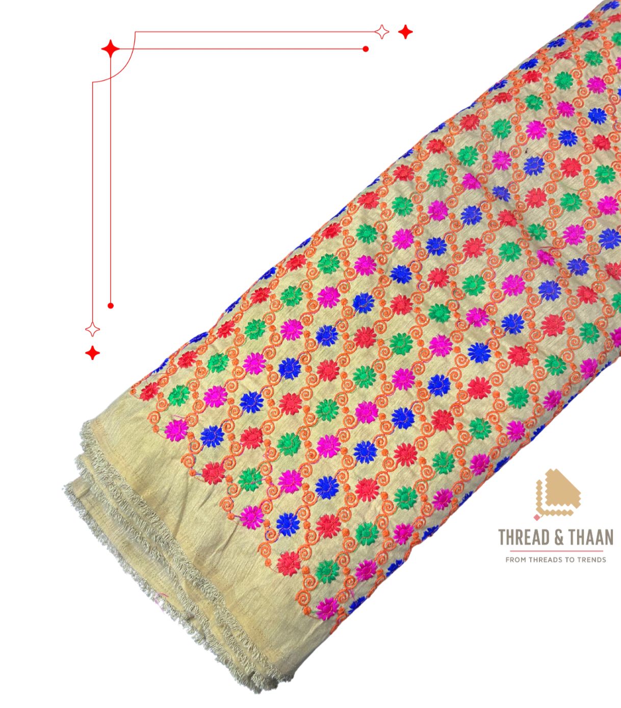 Multicolor floral motif brocade silk fabric for lehengas, sarees and blouses.