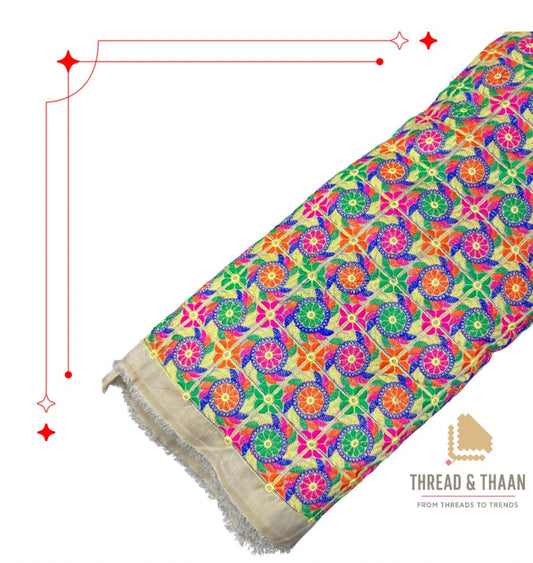 Premium surplus silk fabric featuring vibrant floral brocade design for ethnic wear.