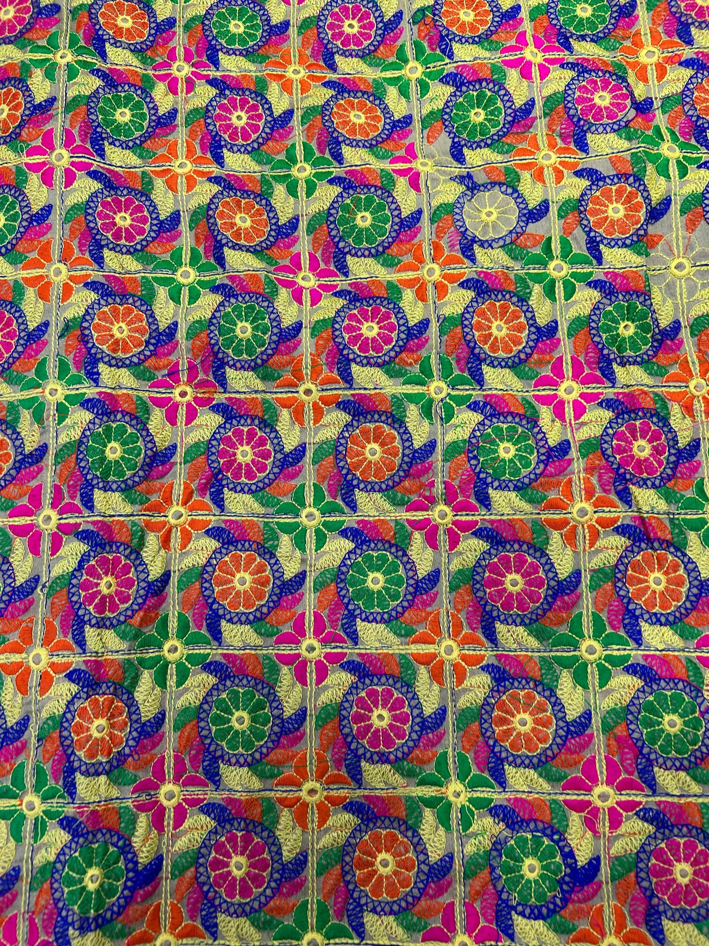 Multicolor floral brocade silk fabric with traditional geometric woven pattern.