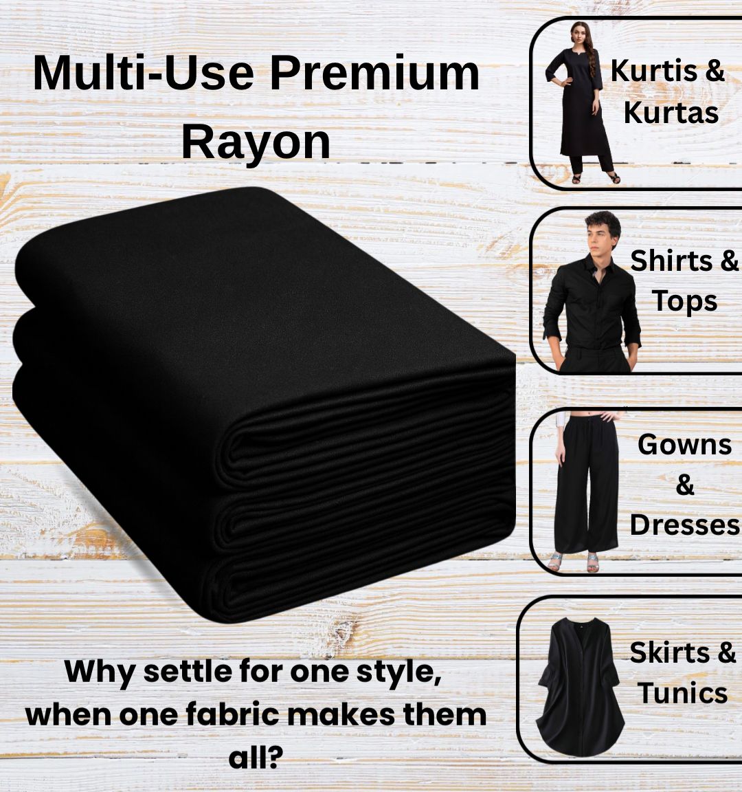 Pure Black Rayon Fabric Folded View – Ideal for Kurtis, Shirts and Dresses.