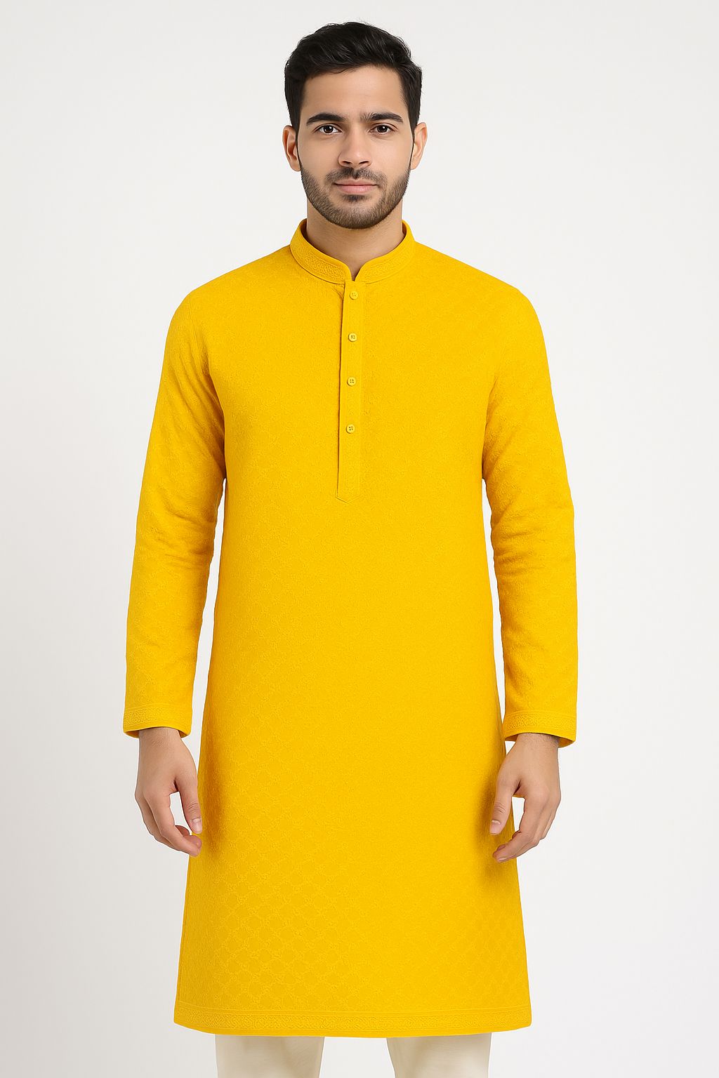 Premium mustard pure cotton pastel embroidered fabric for diwali special and traditional indo-western wear

