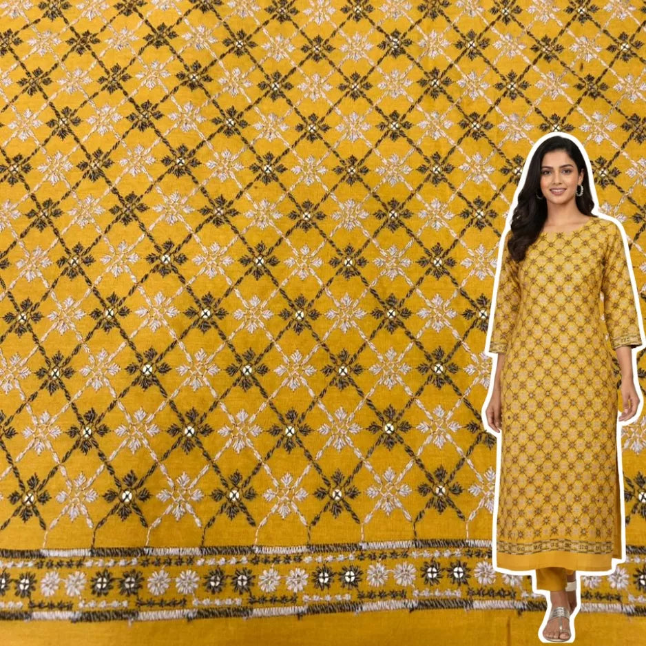 Mustard yellow rayon embroidered fabric for women kurti and suit, haldi wedding wear