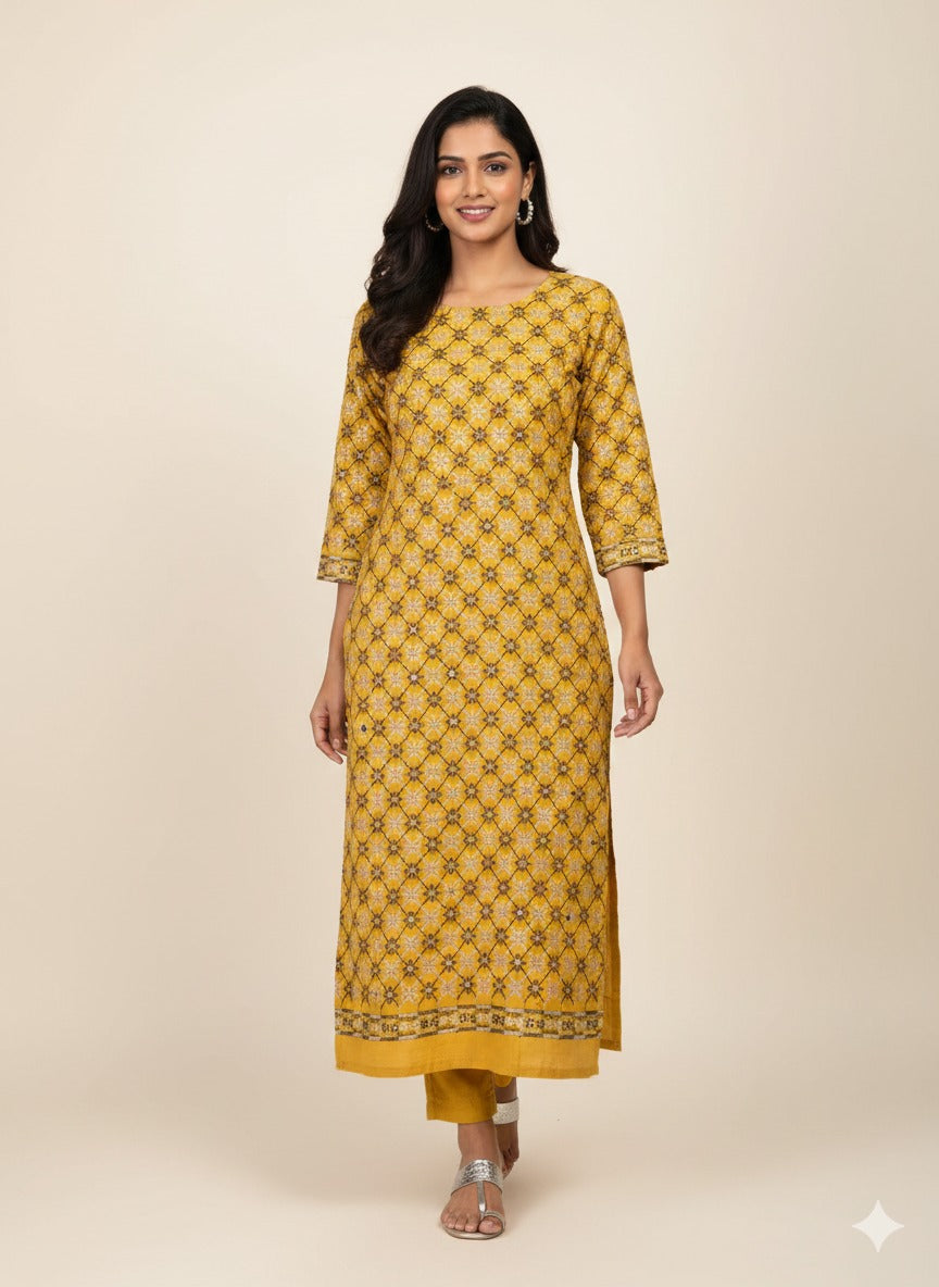 Mustard yellow rayon embroidered fabric for women kurti, wedding festive wear