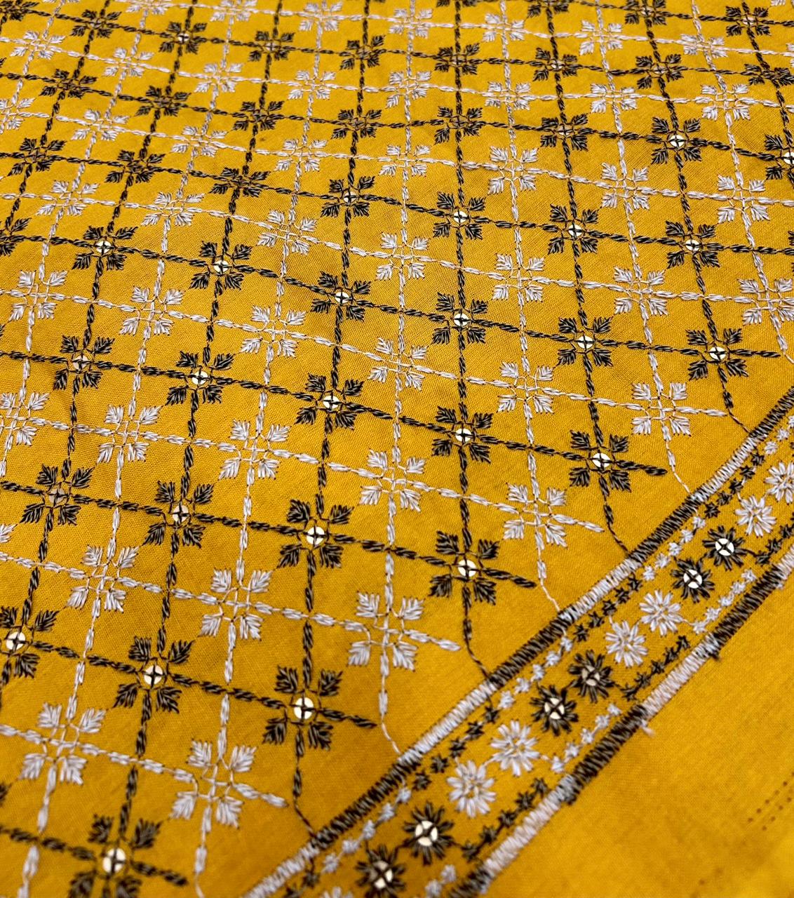 Mustard yellow rayon embroidered sequin fabric for women kurti and suit, festive wear