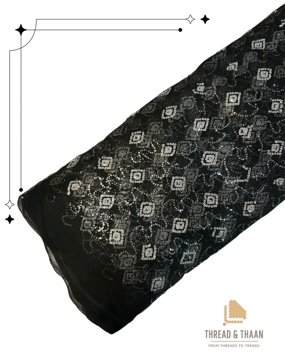 Premium black net fabric with shimmering white sequin work in an elegant diamond and dot geometric pattern, perfect for lehengas and gowns.