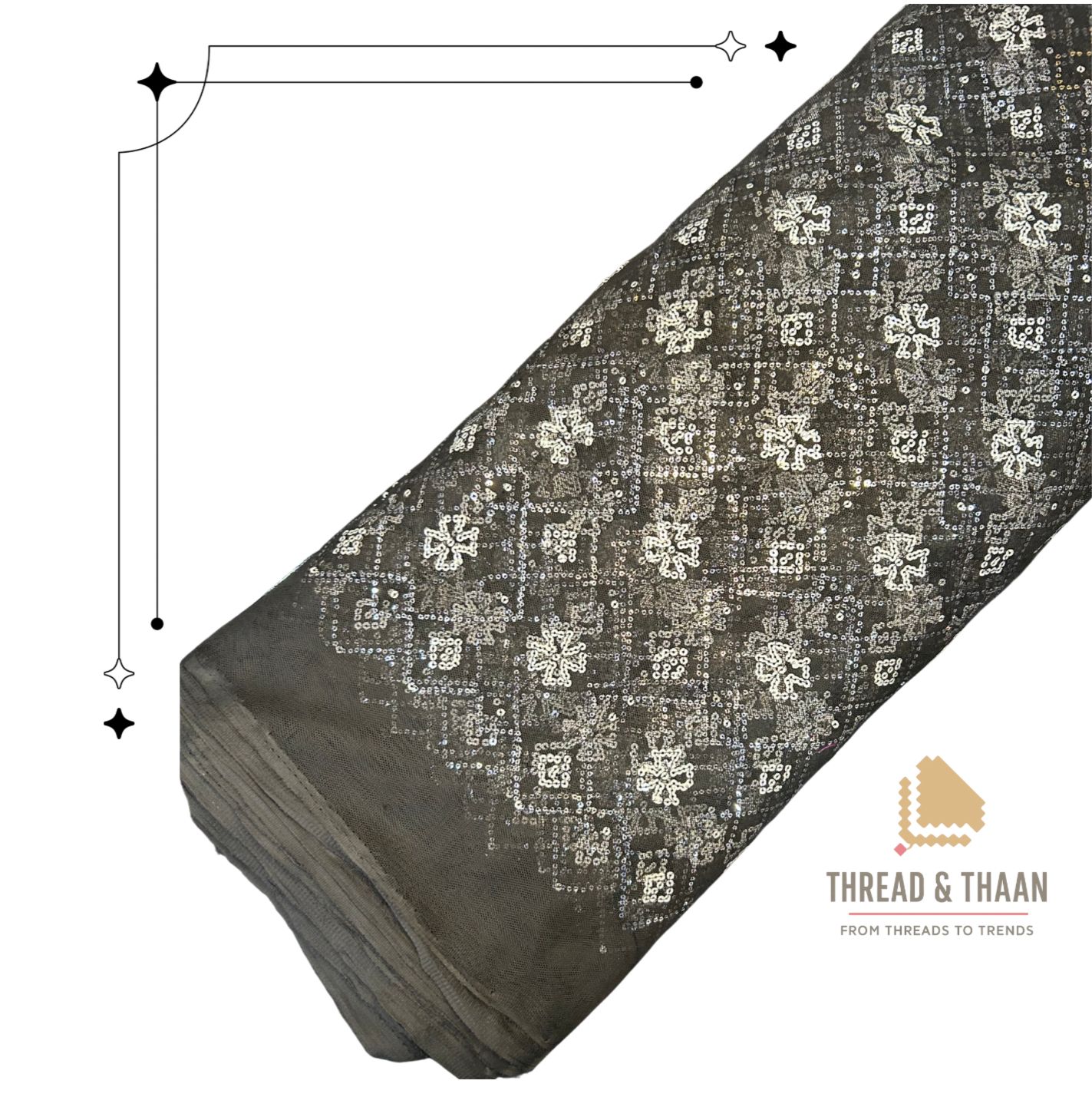 Premium black net fabric with dazzling white sequin work, perfect for elegant sarees, lehengas, gowns, and custom festive wear.