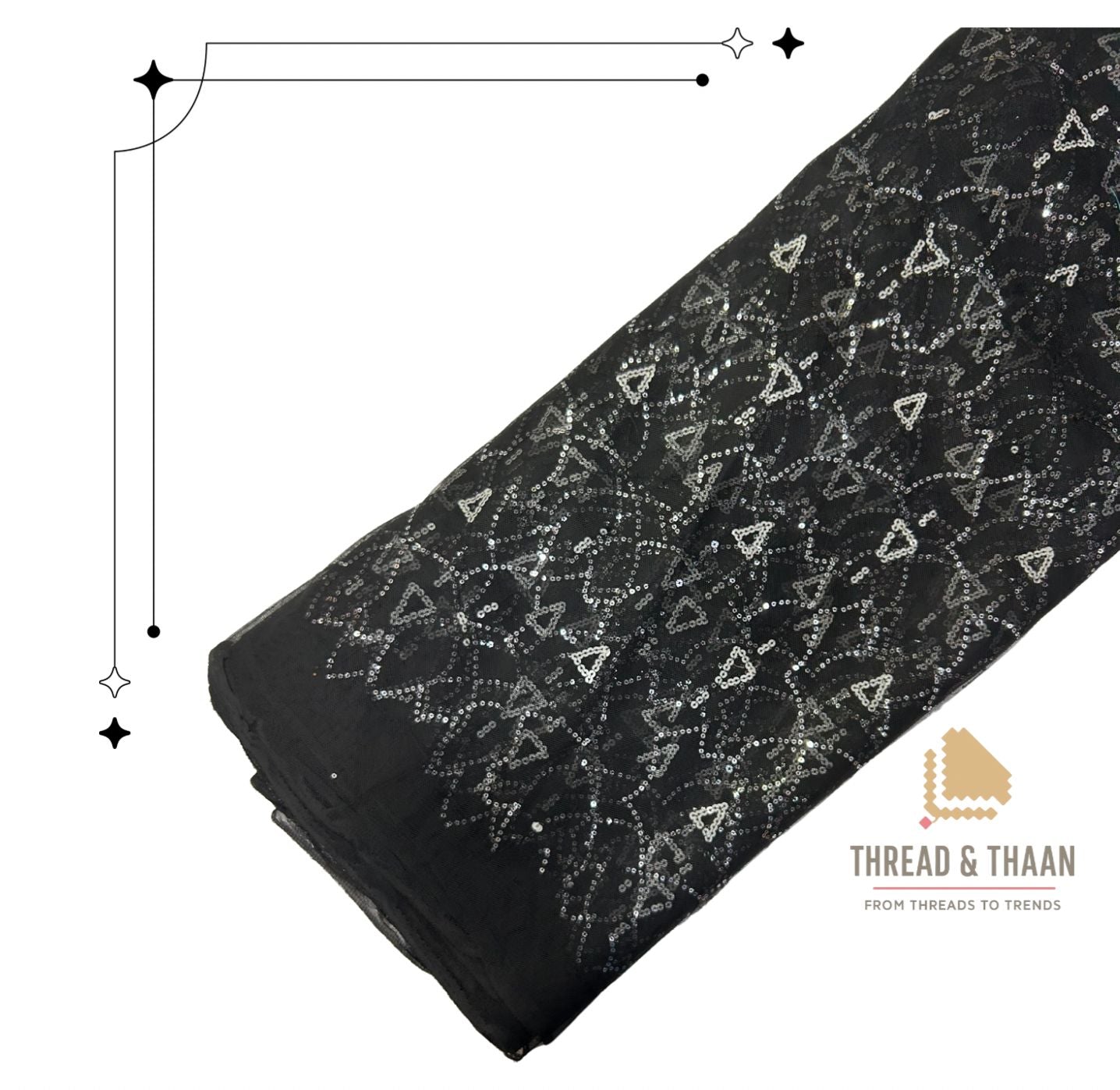 Premium black net fabric with dazzling white sequin work, perfect for elegant sarees, lehengas, gowns, and custom party wear.