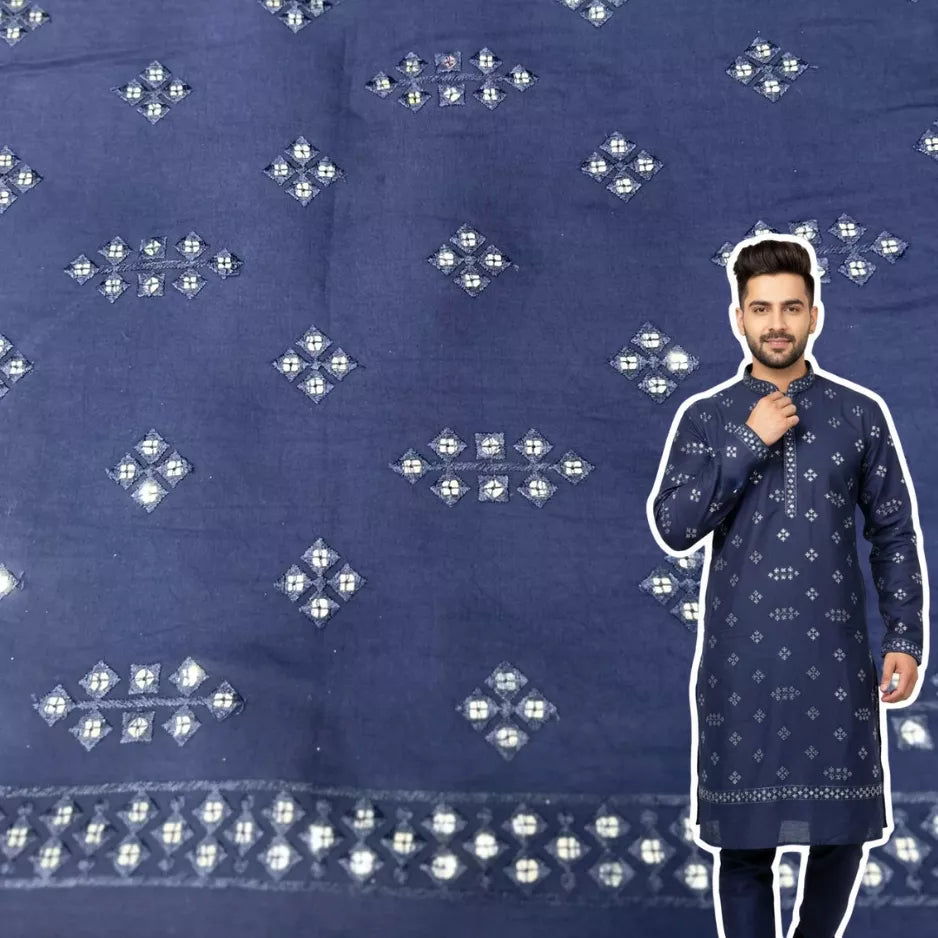 Navy Blue Roman Silk Fabric with Mirror Work for Men’s Kurta Design.