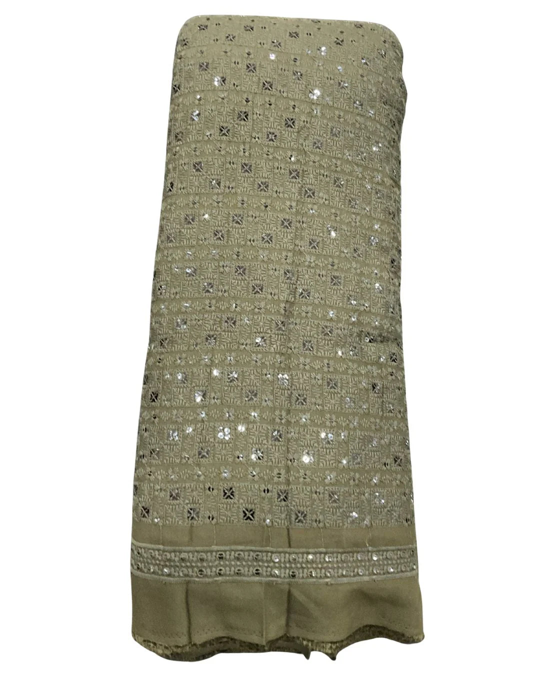 "Premium olive green mirror-work embroidery fabric alongside boys kurta — ideal for weddings, festive events, and ethnic fashion shopping."