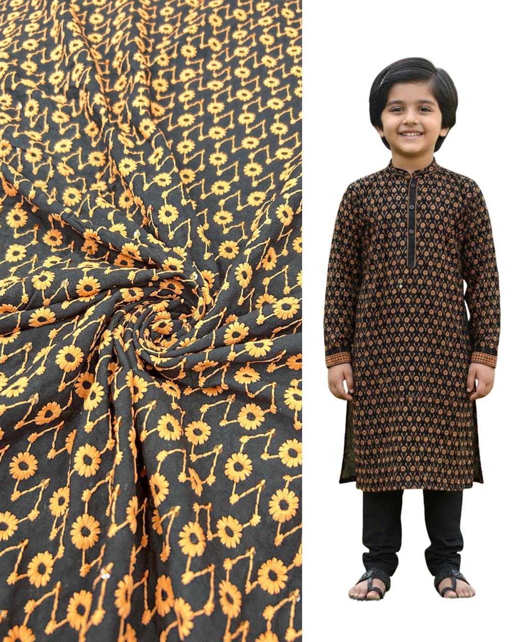 "Floral printed kids kurta with matching fabric swatch — premium boys ethnic wear ideal for festive occasions, weddings, and traditional celebrations."