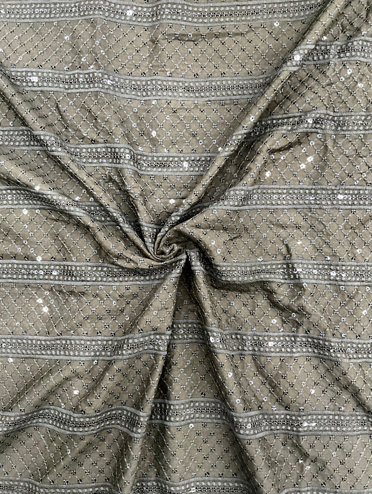 Designer olive grey striped embroidery fabric shown with a child wearing a matching kurta — perfect for festive events, party wear, and traditional occasions.
