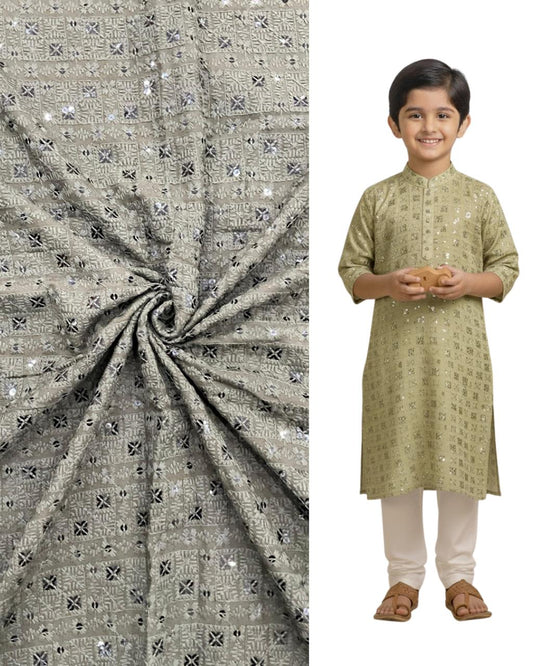 "Olive green embroidered kids kurta with matching geometric mirror-work fabric — premium ethnic wear for boys, festive and wedding collection."