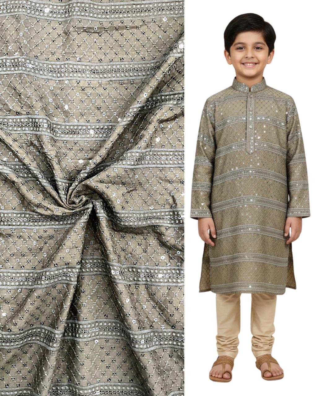 Olive grey embroidered kids kurta with matching mirror-work fabric — premium boys ethnic wear for weddings, festivals, and celebrations.