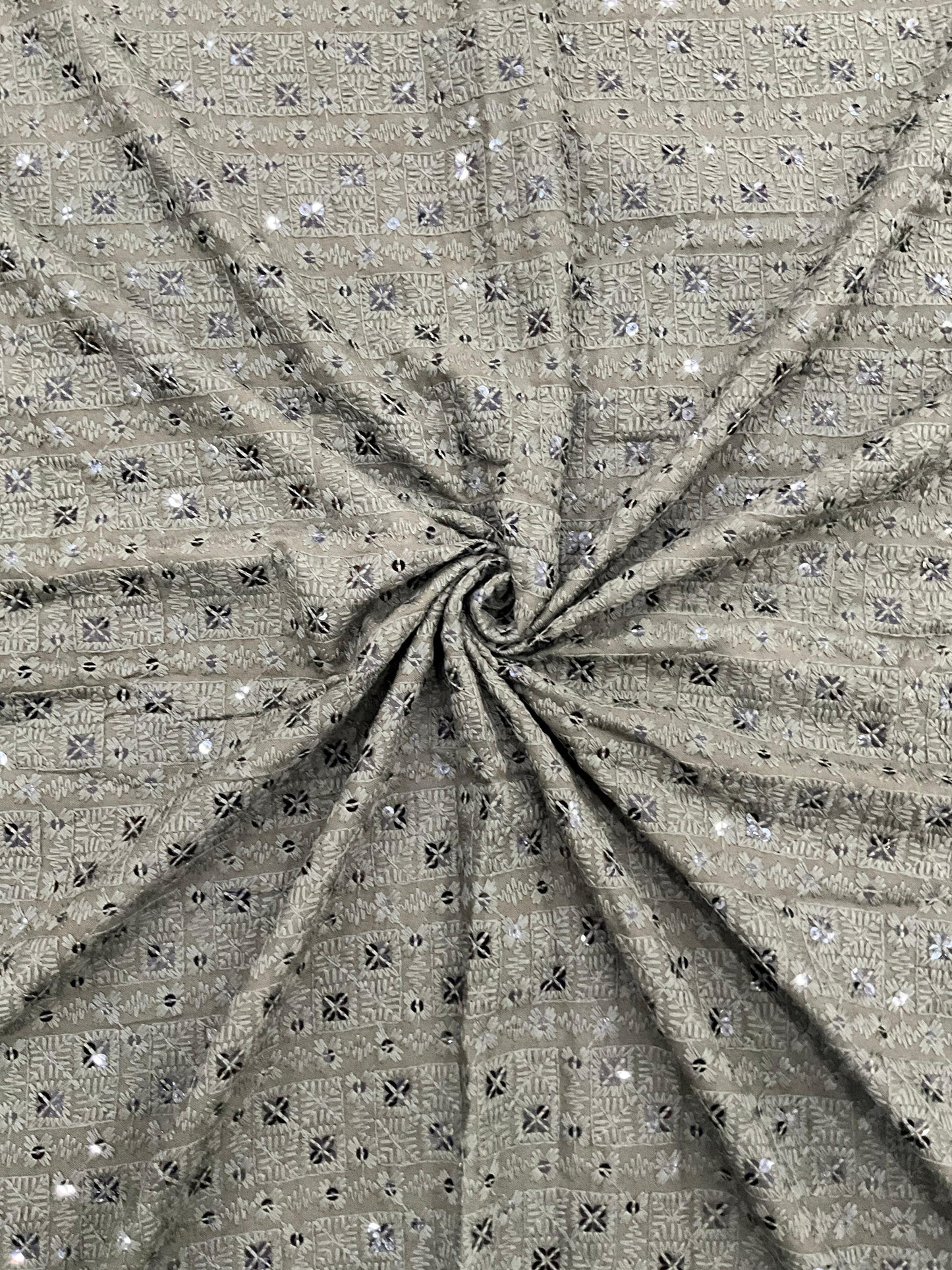 "Designer olive green chikankari-style fabric shown with child model wearing matching kurta — traditional kids wear for parties, festivals, and special occasions."