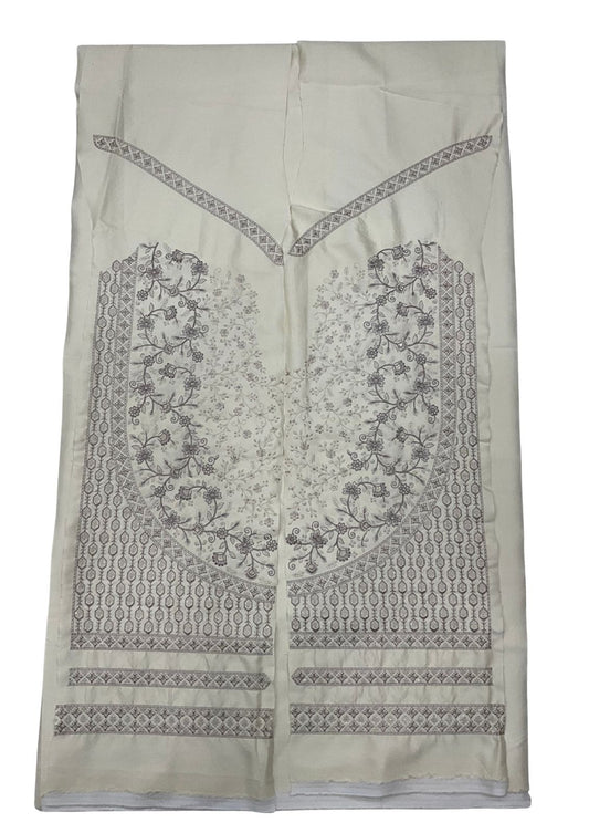 Off-white unstitched fabric with intricate symmetrical gray embroidery. Features a large central floral and paisley pattern.