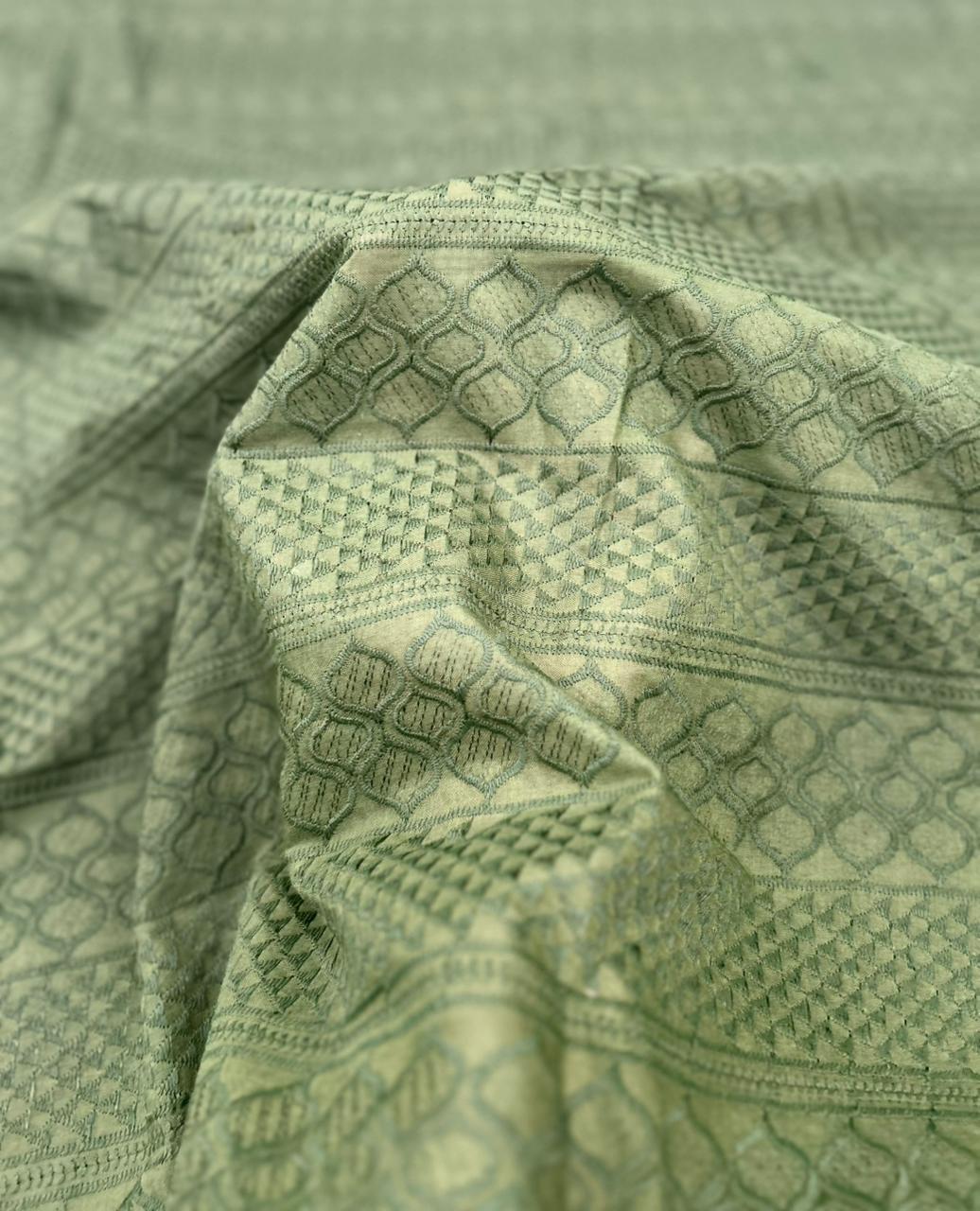 Cotton patta fabric olive green men’s ethnic wear material with jacquard woven texture