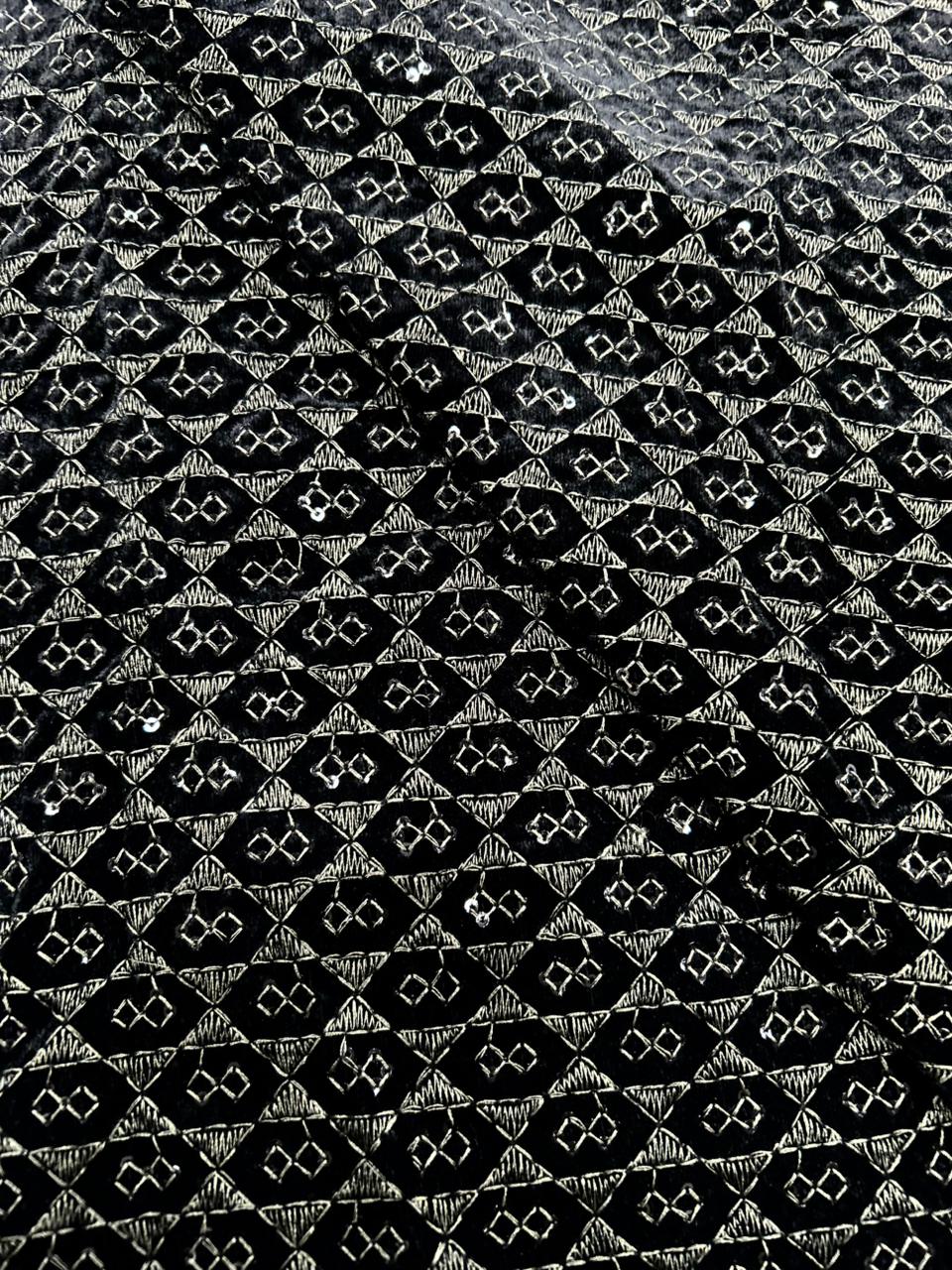 Black metallic olive premium velvet fabric with geometric woven pattern for sherwani and blazer material.