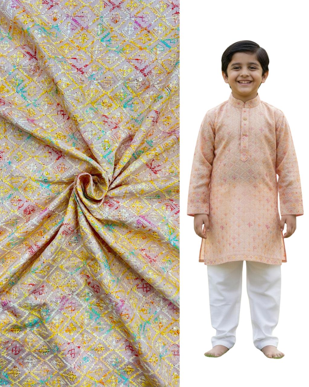 Kids kurta with matching multicolour embroidered fabric swatch, ideal for festive occasions, weddings, and traditional ethnic wear.