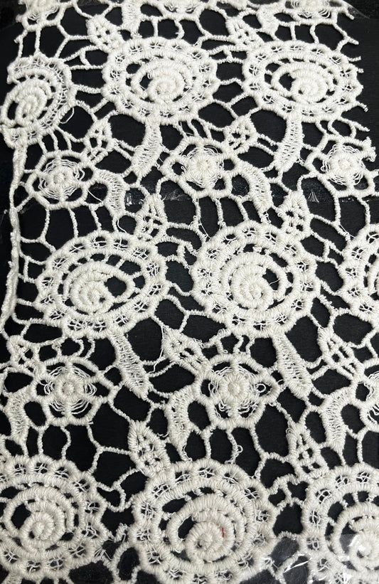 White GPO Chemical Lace trim with intricate circular and floral vine patterns, ideal for dress borders and dupatta edges.