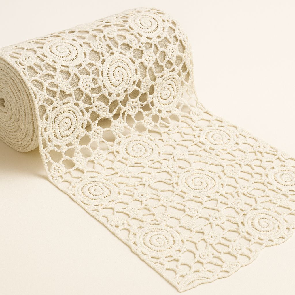High-quality guipure lace (GPO) lace fabric with a dense floral design, perfect bride lace material for wedding gowns and borders.