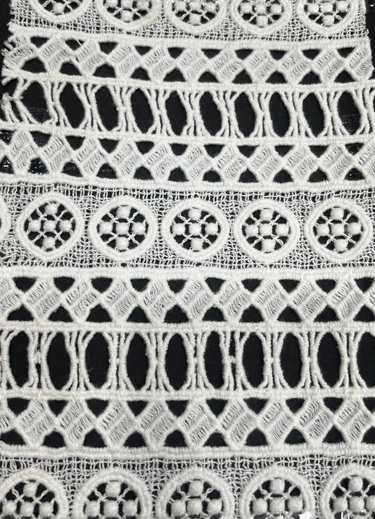 GPO Cotton Lace Fabric with a stunning geometric circle and lattice pattern, 100% pure cotton, soft, breathable, and dyeable for custom colors.
