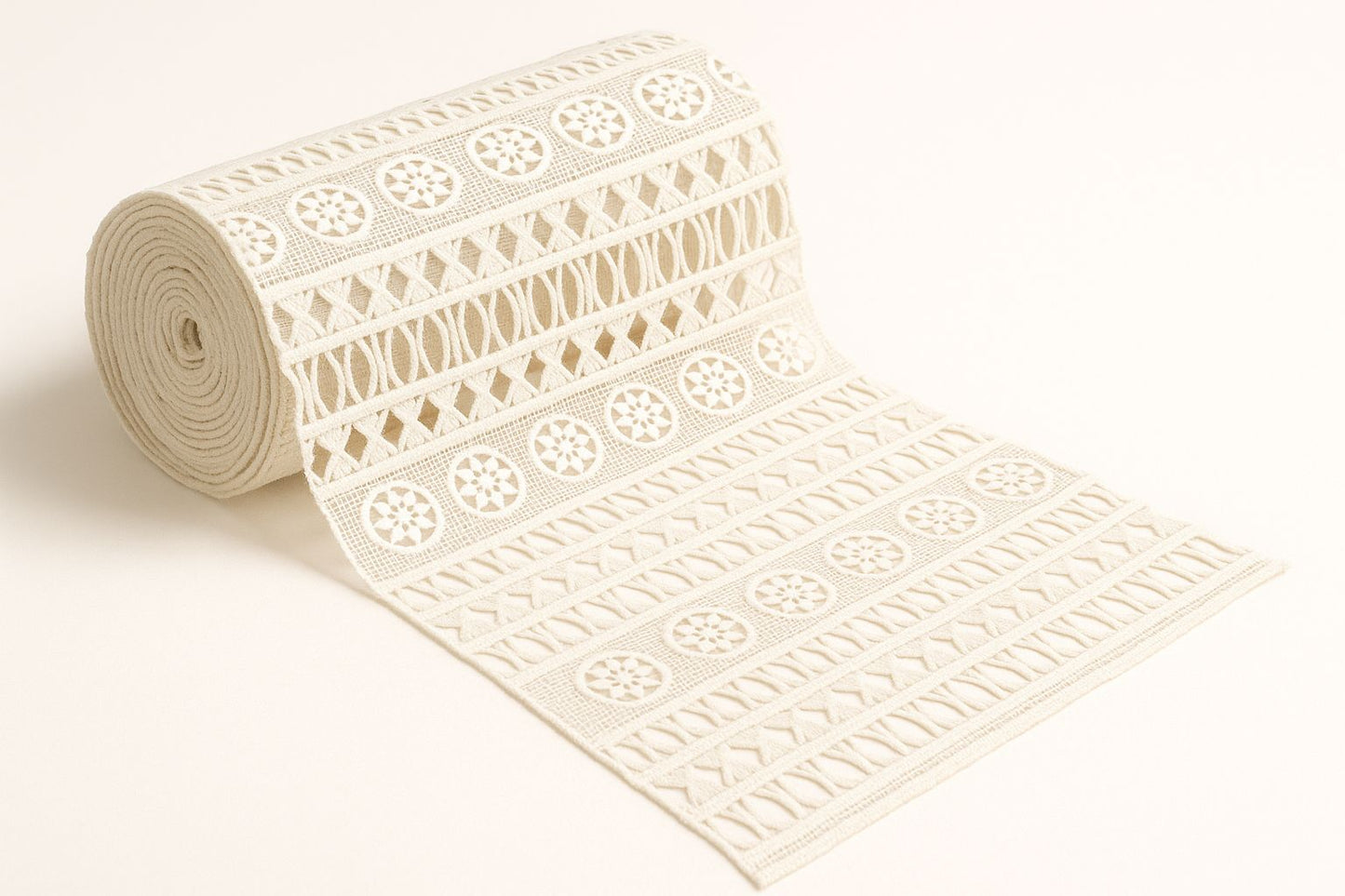 100% pure cotton GPO lace fabric featuring a unique circular geometric guipure pattern; ideal for high-fashion overlays and versatile, all-day comfortable wear.
