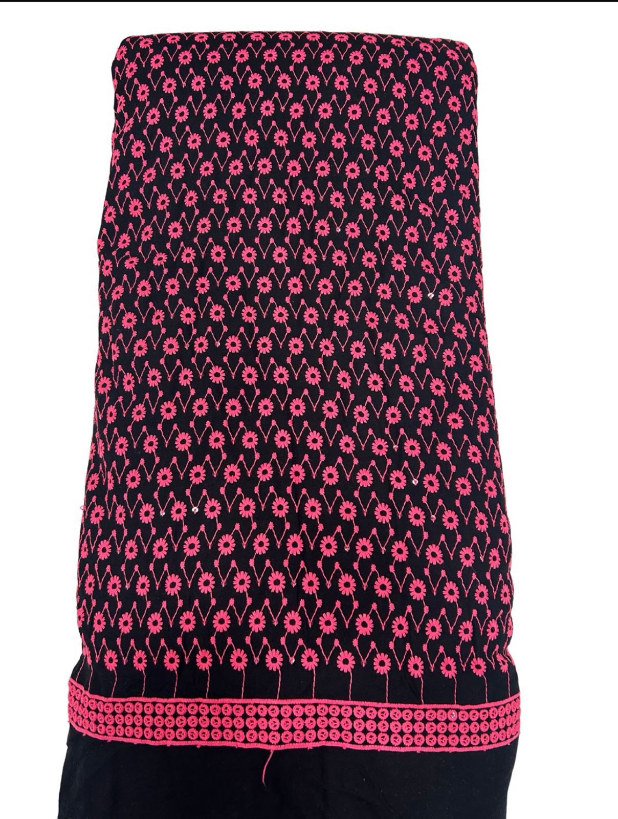 Designer floral print fabric shown with a child wearing the matching kurta, suitable for party wear, cultural events, and festive fashion