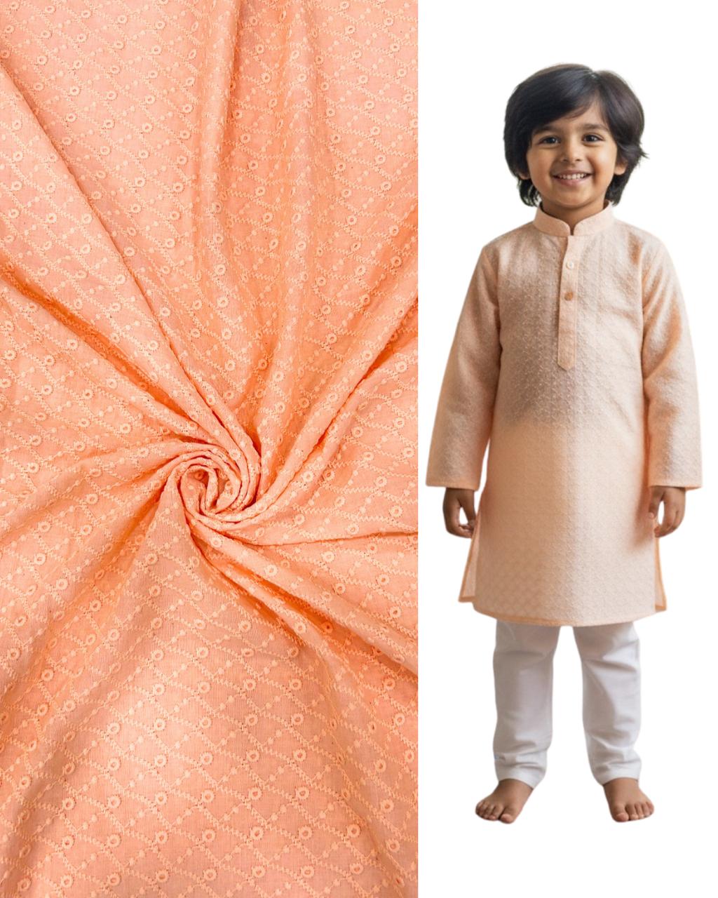 Peach embroidered kids kurta with matching patterned fabric — premium ethnic wear for boys, perfect for weddings, festive events, and traditional celebrations.