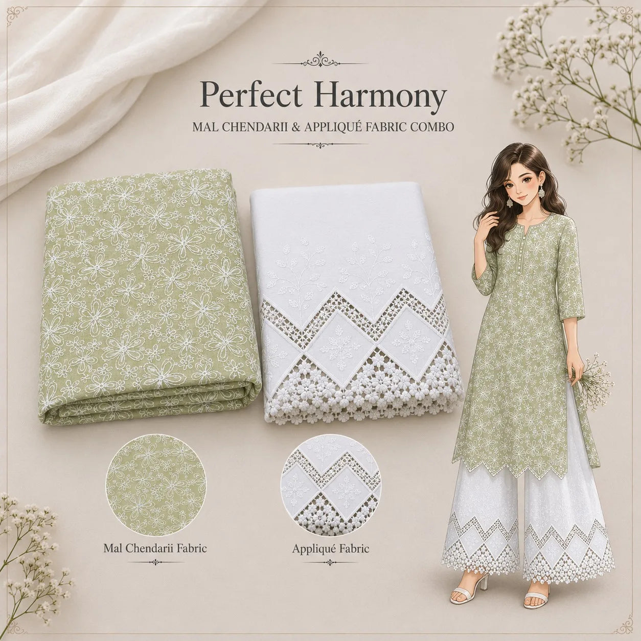 Pastel Green Mal Chanderi fabric with white floral embroidery and white cotton applique fabric combo for kurti, palazzo, salwar suit, ethnic wear and dress material making.