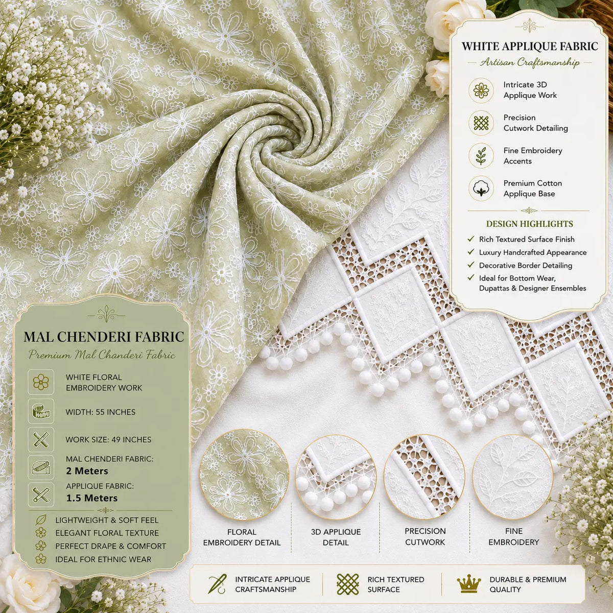 Pastel green Mal Chanderi fabric with white floral embroidery and premium white cotton applique fabric featuring cutwork border, ideal for kurti, palazzo, salwar suits, ethnic wear and designer dress material.