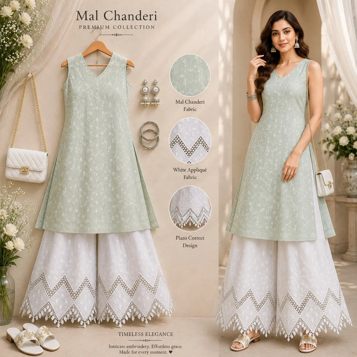 Pastel green Mal Chanderi embroidered kurti fabric with white cotton applique palazzo fabric, premium ethnic dress material combo for kurti, salwar suit, festive wear and designer outfit stitching.