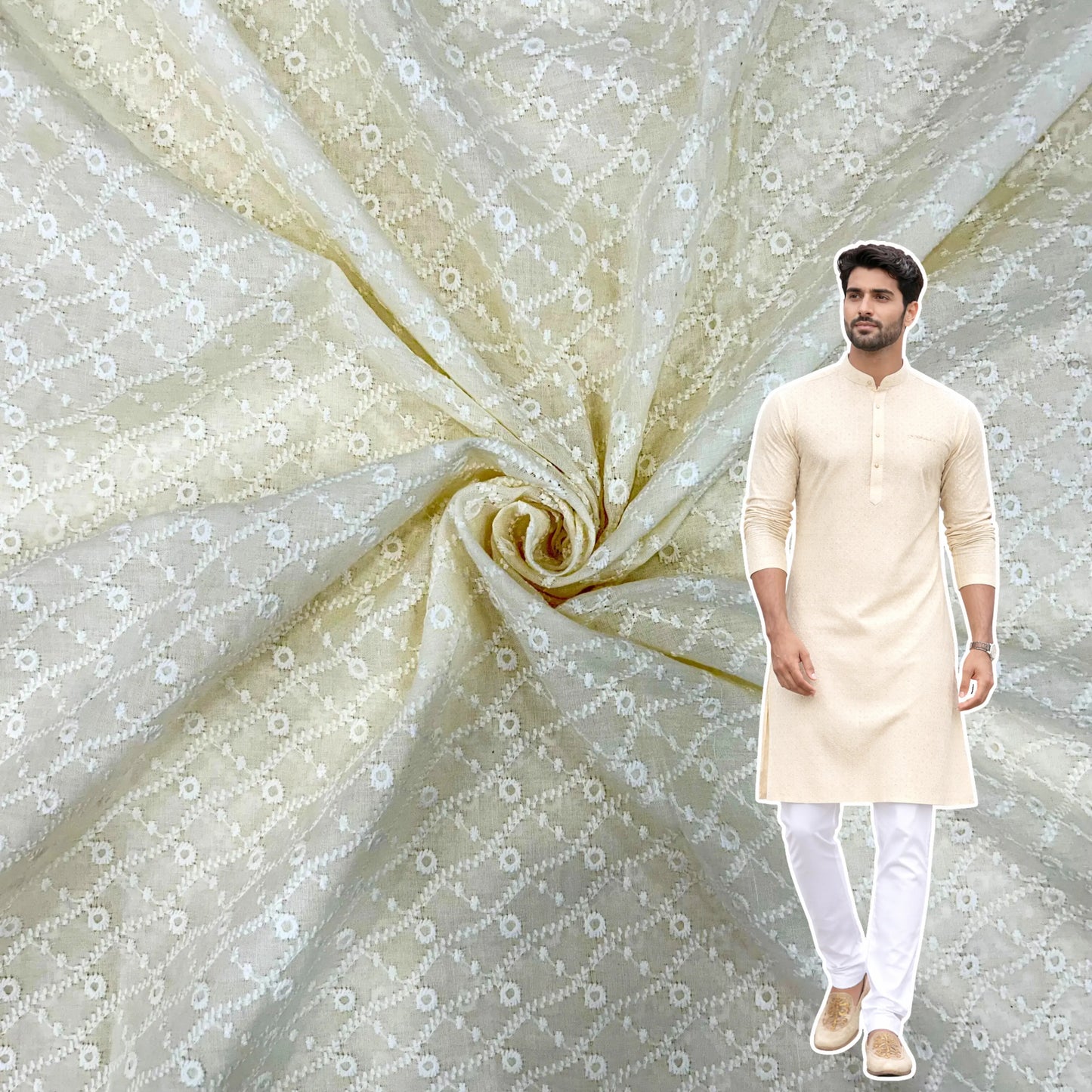 Pastel cream cotton men’s kurta fabric with pagdi embroidery design, 58 inch width