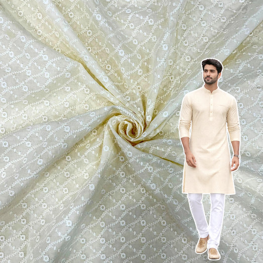 Pastel cream cotton men’s kurta fabric with pagdi embroidery design, 58 inch width