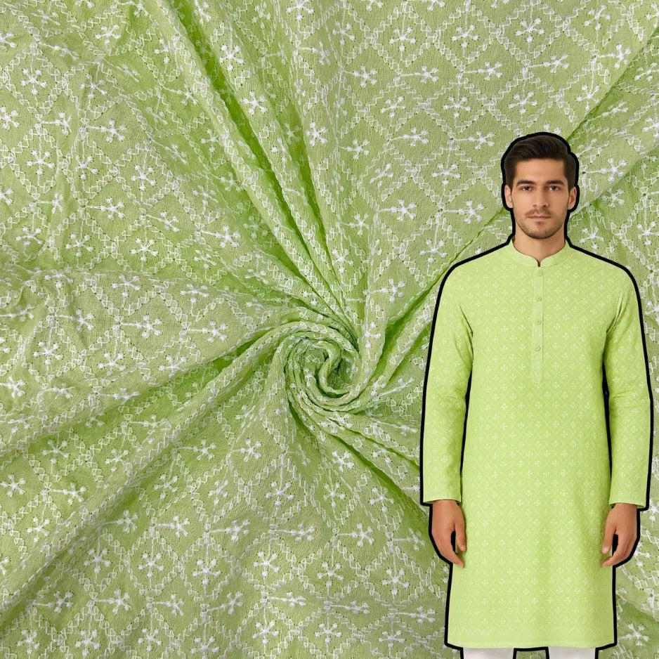 Pastel green pure cotton lakhnavi embroidered fabric for kurta, suit and festive wear