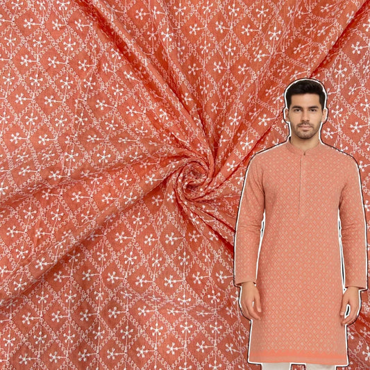 Pastel pink pure cotton lakhnavi embroidered fabric for kurta, suit and festive wear