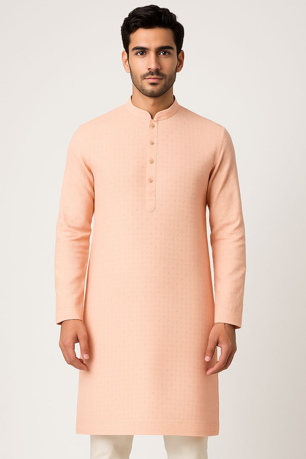 Premium peach pure cotton pastel embroidered fabric for traditional ethnic wear and festive clothing


