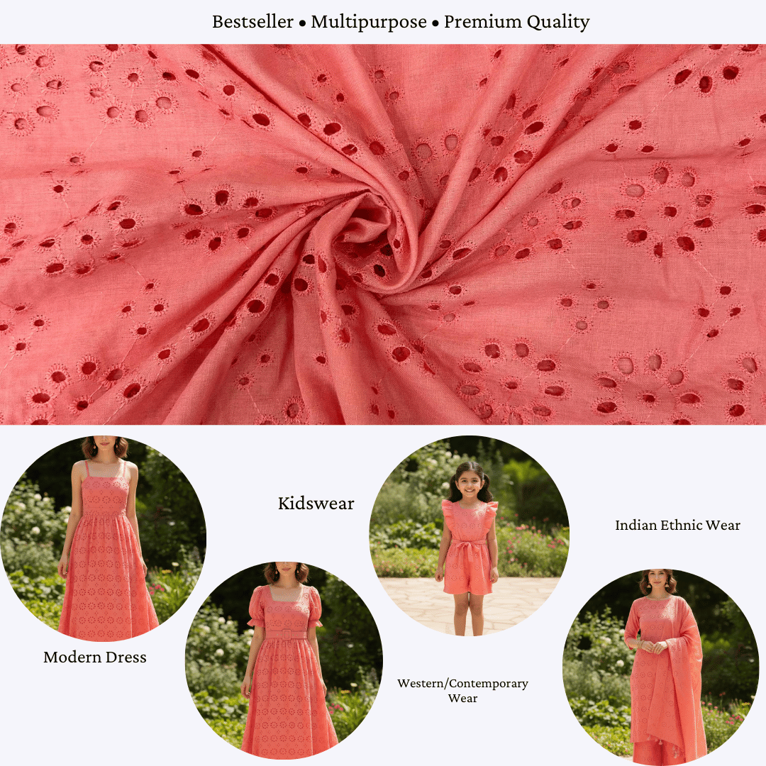 Peach embroidered eyelet cotton hakoba fabric texture.