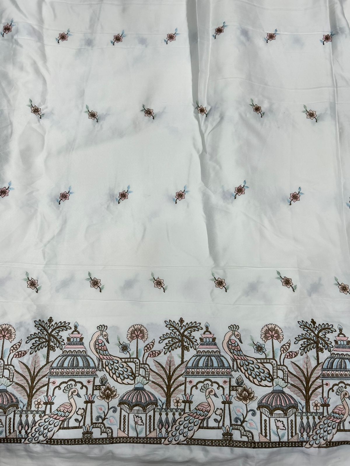 Women’s malai satin fabric with peacock border embroidery and butti work, ideal for suit, kurti and ethnic wear