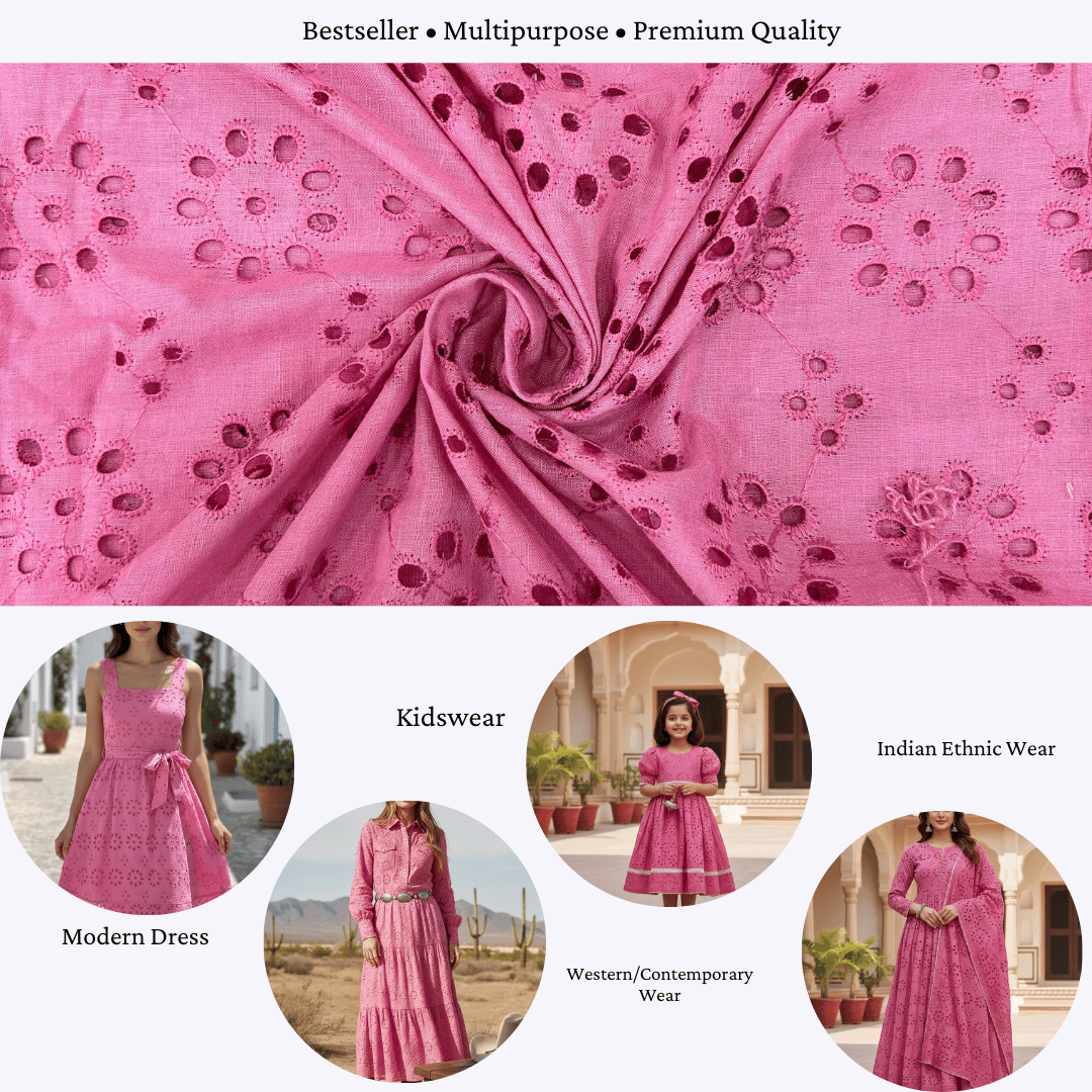 Pink embroidered hakoba eyelet cotton material texture.
