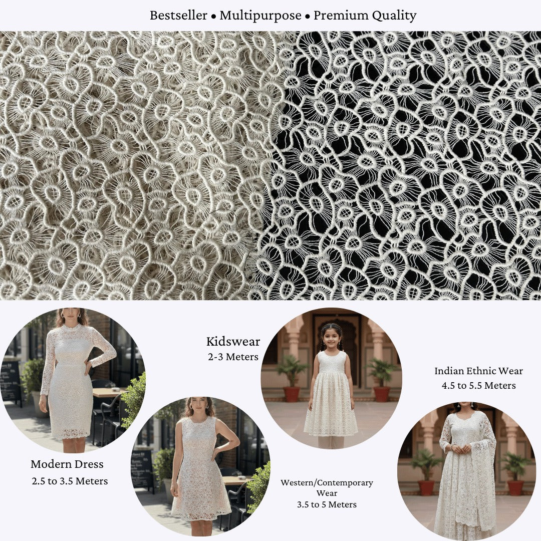 Floral chemical lace fabric texture in white.