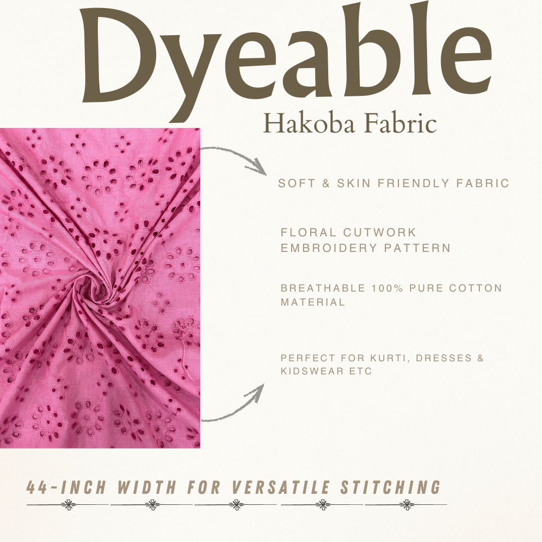 Pink hakoba cotton fabric with floral eyelet embroidery close-up.